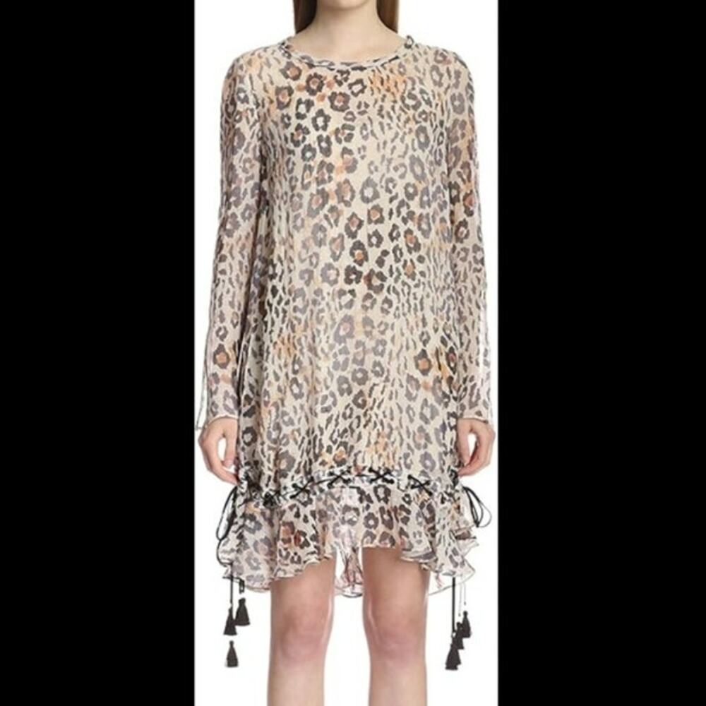 Chloe Resort Leopard Print Runway Ruffle Tassel Dress XS Mobwife Boho Aesthetic - Picture 3 of 16